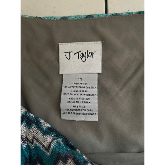J. Taylor Women's Zigzag Pattern Dress Size 14 100% Polyester Teal & Gray Lined - Picture 5 of 11